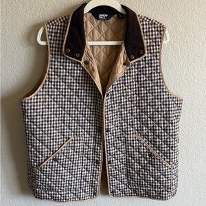 Vintage Style Lands End Quilted Gingham Plaid Puffer Vest - Brown XL Outdoorsy